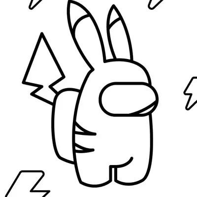Desenho de contorno de um Crewmate (personagem Among Us) vestido como o Pokémon Pikachu, incluindo as orelhas pontudas e a cauda em formato de raio. Vários símbolos de raios elétricos estão flutuando ao redor do personagem.
