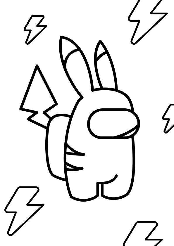 Desenho de contorno de um Crewmate (personagem Among Us) vestido como o Pokémon Pikachu, incluindo as orelhas pontudas e a cauda em formato de raio. Vários símbolos de raios elétricos estão flutuando ao redor do personagem.
