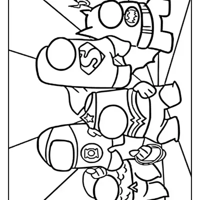 Desenho de contorno de cinco personagens Crewmates de Among Us fantasiados. As fantasias incluem: Lanterna Verde, Mulher-Maravilha, Superman (com o 'S' no peito), Batman (com o cinto de utilidades), e Flash (com o relâmpago). Um Crewmate segura o tridente do Aquaman.
