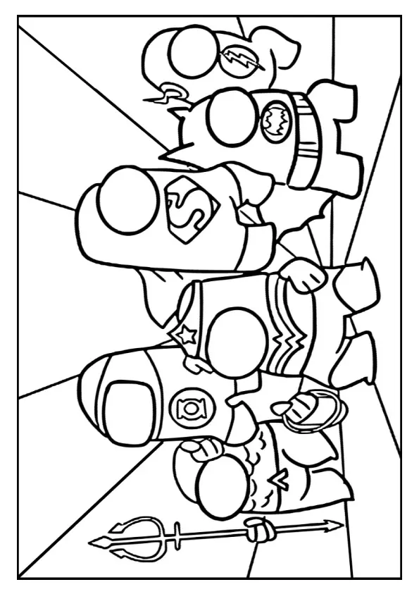 Desenho de contorno de cinco personagens Crewmates de Among Us fantasiados. As fantasias incluem: Lanterna Verde, Mulher-Maravilha, Superman (com o 'S' no peito), Batman (com o cinto de utilidades), e Flash (com o relâmpago). Um Crewmate segura o tridente do Aquaman.