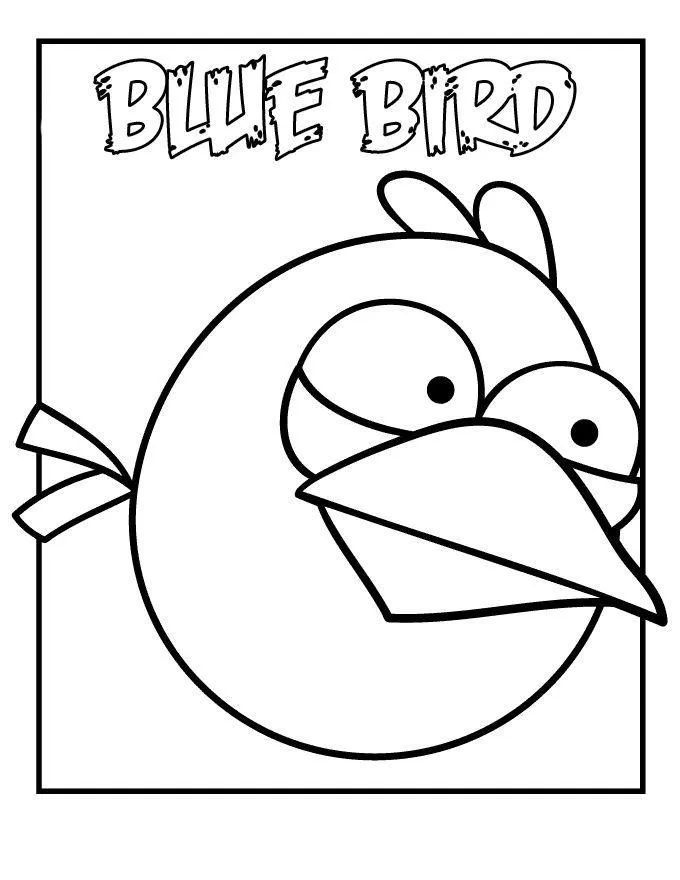 Desenho de contorno em preto e branco do Blue Bird (Angry Birds). Ele é pequeno, redondo, tem olhos grandes e um topete curto. Texto "BLUE BIRD" no topo.