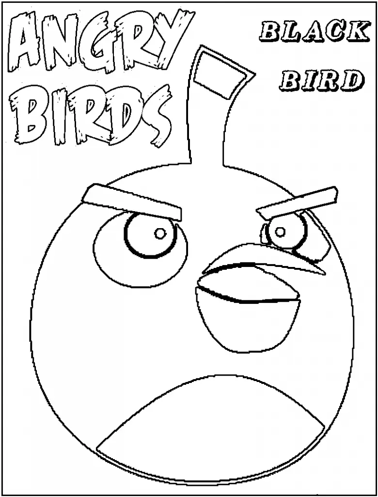 Desenho de contorno em preto e branco do personagem Bomb (Angry Birds). O pássaro é grande e redondo, com um pavio no topo da cabeça. Texto "ANGRY BIRDS" e "BLACK BIRD" incluídos.