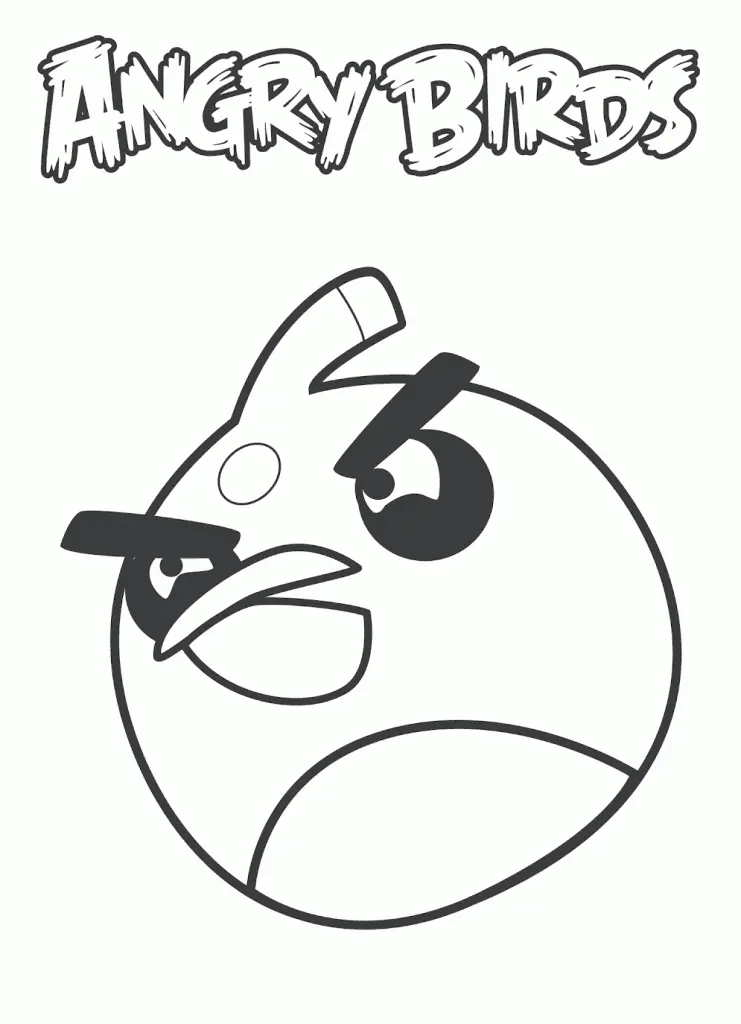 Desenho de contorno em preto e branco do Bubbles, personagem de Angry Birds. O pássaro é redondo com sobrancelhas expressivas e um pequeno topete. Acima dele, está escrito "ANGRY BIRDS" em fonte estilizada.