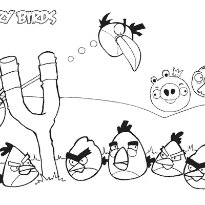 Desenho de contorno em preto e branco de uma fase de Angry Birds. À esquerda, um estilingue lança o pássaro Hal; abaixo, uma fila com Red e outros pássaros; à direita, o Rei Porco e um porco bigodudo.