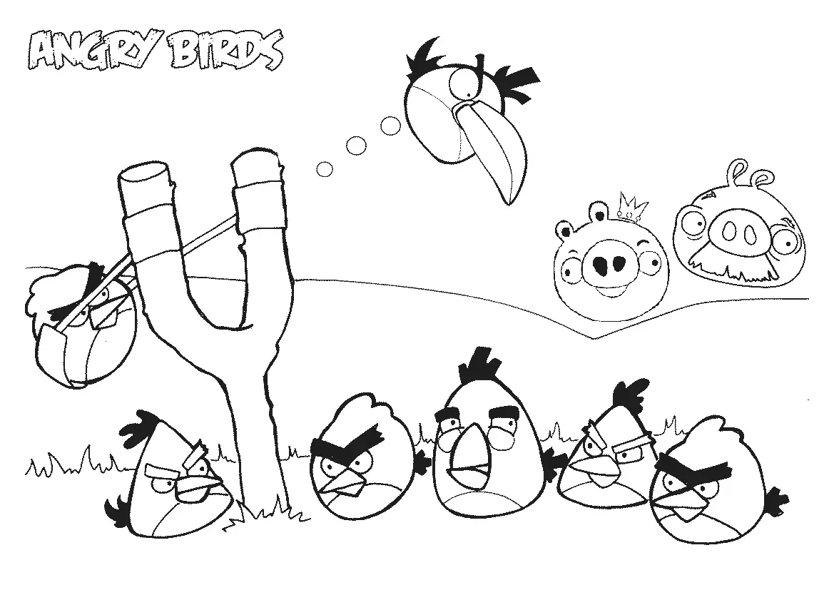 Desenho de contorno em preto e branco de uma fase de Angry Birds. À esquerda, um estilingue lança o pássaro Hal; abaixo, uma fila com Red e outros pássaros; à direita, o Rei Porco e um porco bigodudo.