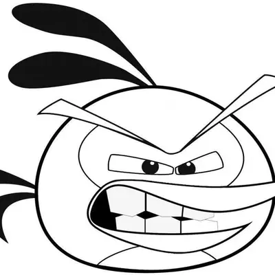 Desenho de contorno em preto e branco do personagem Chuck de Angry Birds. O pássaro tem formato triangular, sobrancelhas finas e inclinadas, bico longo e está com a boca aberta mostrando os dentes em sinal de fúria.