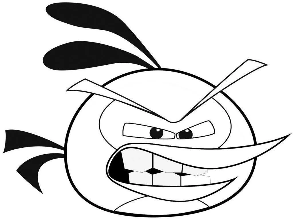 Desenho de contorno em preto e branco do personagem Chuck de Angry Birds. O pássaro tem formato triangular, sobrancelhas finas e inclinadas, bico longo e está com a boca aberta mostrando os dentes em sinal de fúria.