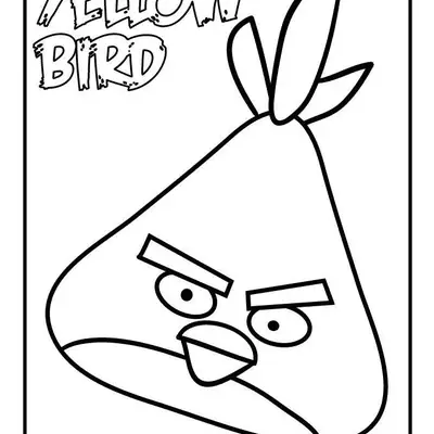 Desenho de contorno em preto e branco do pássaro Chuck de Angry Birds. Ele tem formato triangular, sobrancelhas expressivas e o texto 