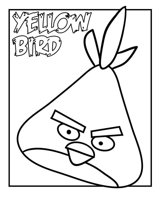 Desenho de contorno em preto e branco do pássaro Chuck de Angry Birds. Ele tem formato triangular, sobrancelhas expressivas e o texto "YELLOW BIRD" no canto superior.