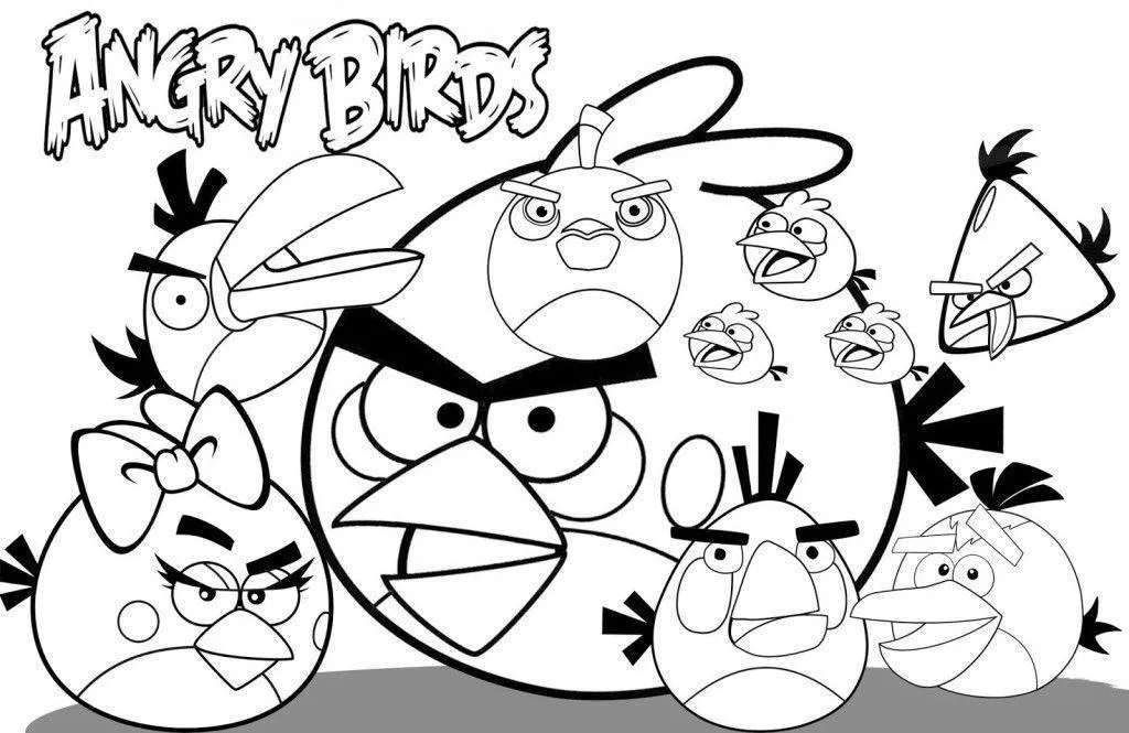 Desenho de contorno em preto e branco com o grupo completo de Angry Birds. O Red está no centro, rodeado por Stella (com laço), Hal (bico longo), Bomb, Chuck e os pequenos pássaros azuis.