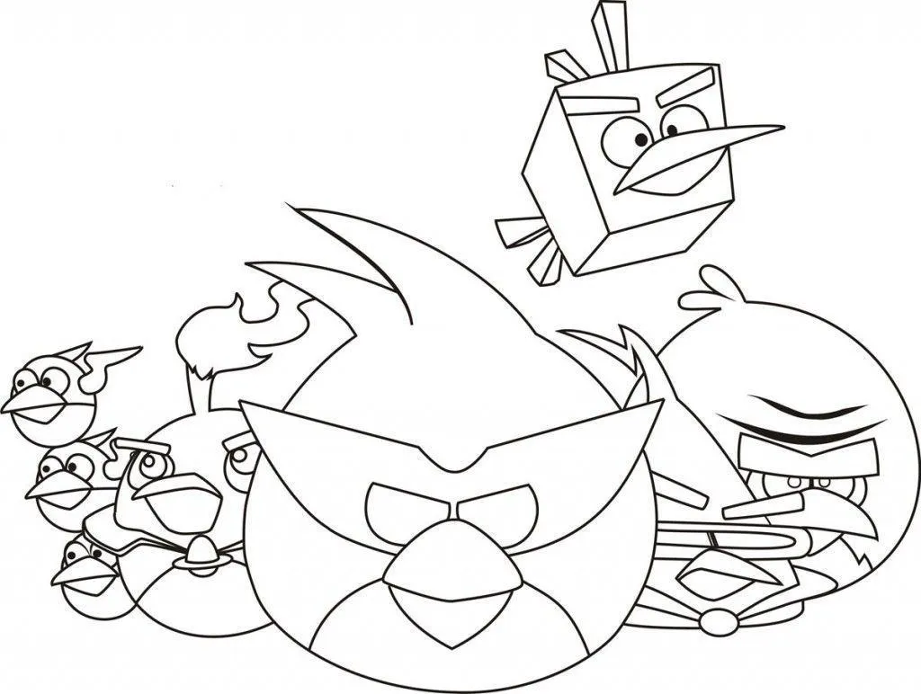 Desenho de contorno em preto e branco com vários Angry Birds sobrepostos. À frente está o Red; atrás dele, o Ice Bird (quadrado), Bubbles, os Pássaros Azuis e outros membros da equipe.