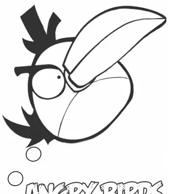 Desenho de contorno em preto e branco do Hal, o pássaro verde de Angry Birds. Ele possui um bico muito longo e curvado, olhos grandes e um pequeno topete. Logotipo 