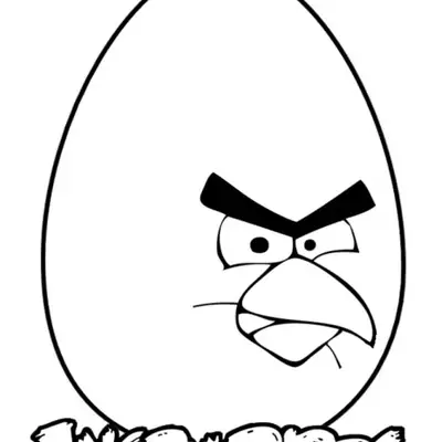 Desenho de contorno em preto e branco de um ovo gigante que possui as sobrancelhas grossas e o bico do Red (Angry Birds). Abaixo do ovo, está escrito o logotipo 