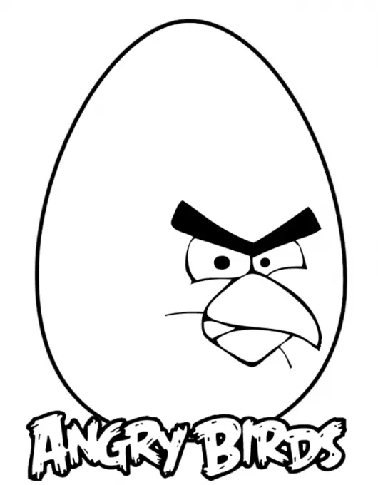 Desenho de contorno em preto e branco de um ovo gigante que possui as sobrancelhas grossas e o bico do Red (Angry Birds). Abaixo do ovo, está escrito o logotipo "ANGRY BIRDS".