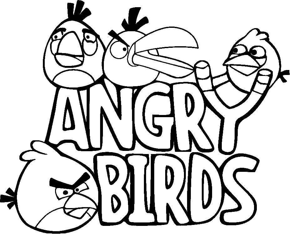 Desenho de contorno em preto e branco com o logotipo "ANGRY BIRDS" centralizado. Acima dele, Chuck, Hal e Terence observam; ao lado, um estilingue; e abaixo, o rosto do Red.