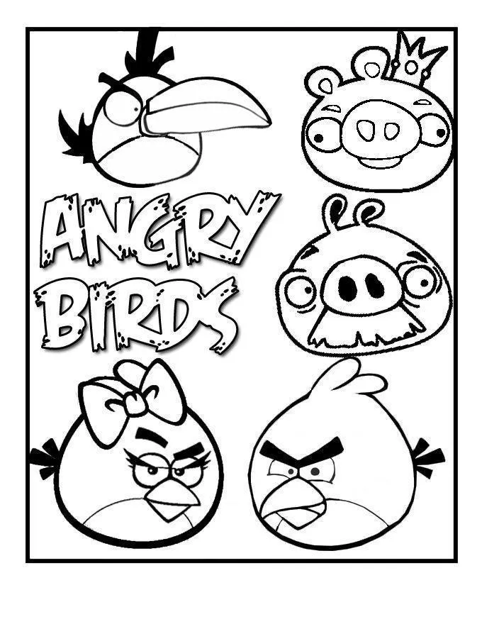 Desenho de contorno em preto e branco com o logo "ANGRY BIRDS" centralizado. Ao redor dele estão Hal (pássaro verde), Rei Porco, Porco Bigodudo, Stella (pássara rosa) e Red.