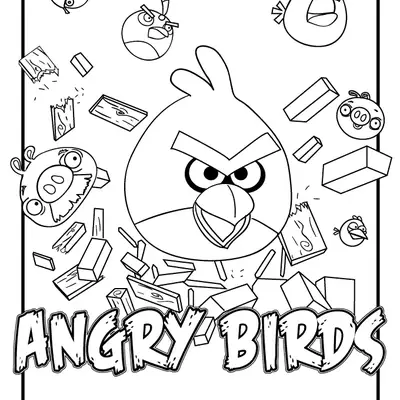 Desenho de contorno em preto e branco do Red (Angry Birds) avançando em direção ao espectador. Ao redor dele, pedaços de madeira e blocos de construção voam, junto com porcos derrotados.