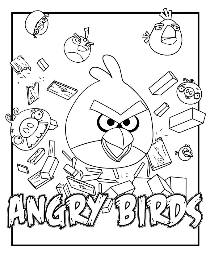 Desenho de contorno em preto e branco do Red (Angry Birds) avançando em direção ao espectador. Ao redor dele, pedaços de madeira e blocos de construção voam, junto com porcos derrotados.