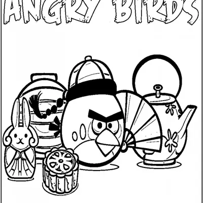 Desenho de contorno em preto e branco do Red de Angry Birds vestindo um traje tradicional chinês com chapéu e leque. Ao redor dele há um bule de chá, bolos lunares (mooncakes), um coelhinho e lanternas chinesas.