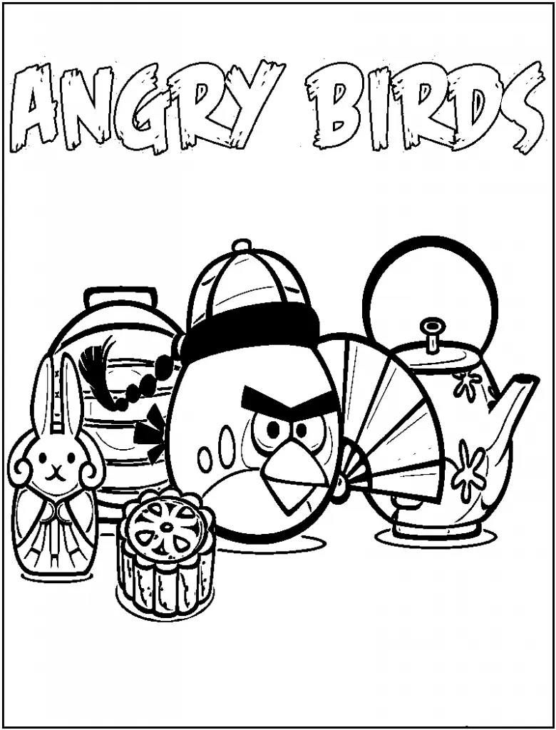 Desenho de contorno em preto e branco do Red de Angry Birds vestindo um traje tradicional chinês com chapéu e leque. Ao redor dele há um bule de chá, bolos lunares (mooncakes), um coelhinho e lanternas chinesas.