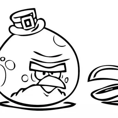 Desenho de contorno em preto e branco de três Angry Birds alinhados. À esquerda, um pássaro azul pequeno; ao centro, o Red usando um chapéu com fivela; à direita, o Hal (pássaro verde) usando um chapéu decorado com um trevo de quatro folhas.