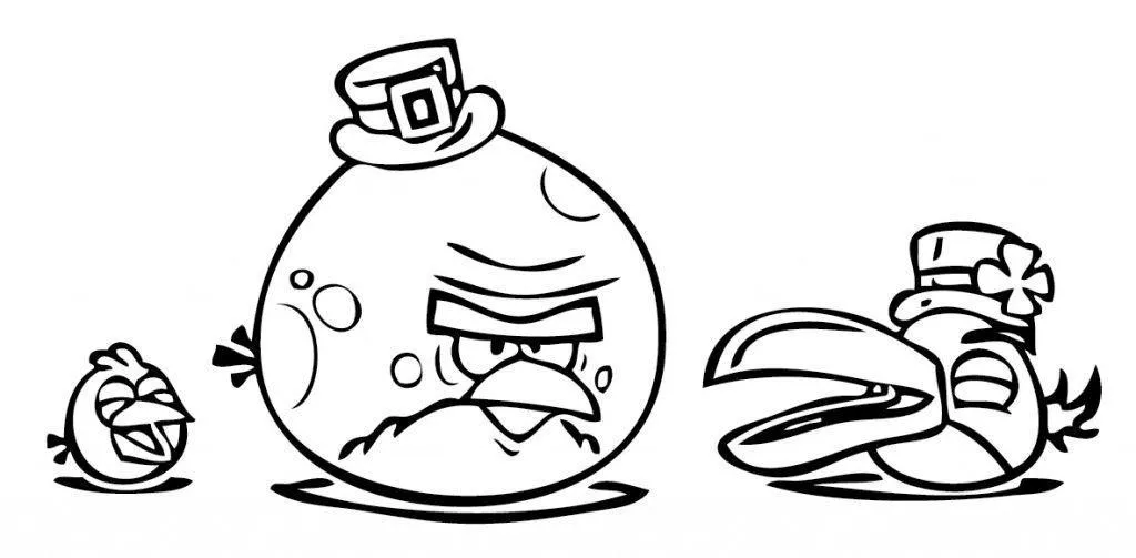 Desenho de contorno em preto e branco de três Angry Birds alinhados. À esquerda, um pássaro azul pequeno; ao centro, o Red usando um chapéu com fivela; à direita, o Hal (pássaro verde) usando um chapéu decorado com um trevo de quatro folhas.