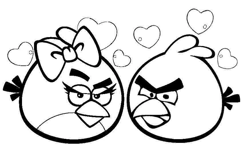 Desenho de contorno em preto e branco de dois personagens Angry Birds: o Red (direita) e uma fêmea com laço na cabeça (esquerda). Ambos estão de perfil, olhando um para o outro, com vários corações ao fundo.