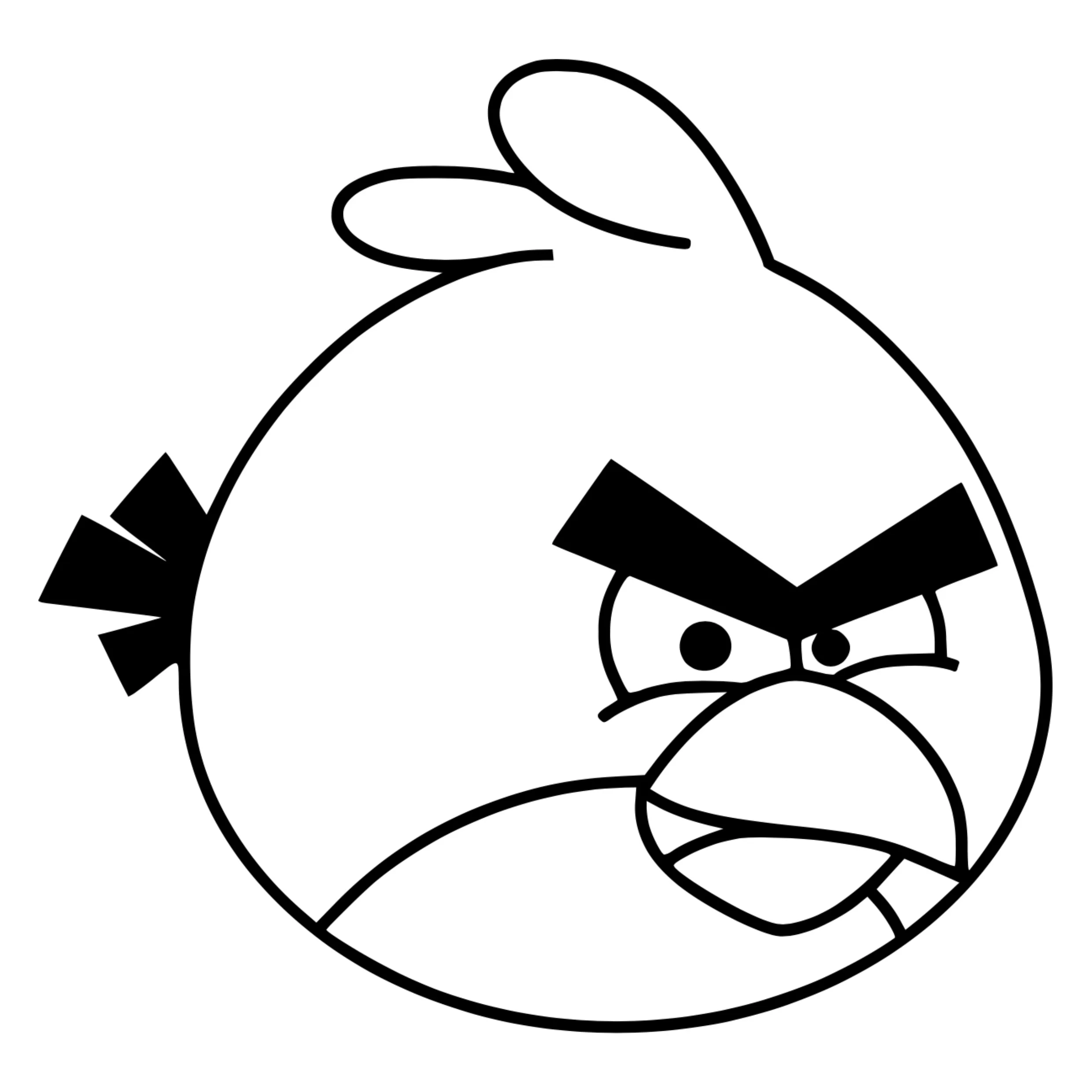 Desenho de contorno em preto e branco do Red, personagem de Angry Birds. O pássaro é redondo, tem sobrancelhas pretas grossas, expressão de raiva e um pequeno topete.