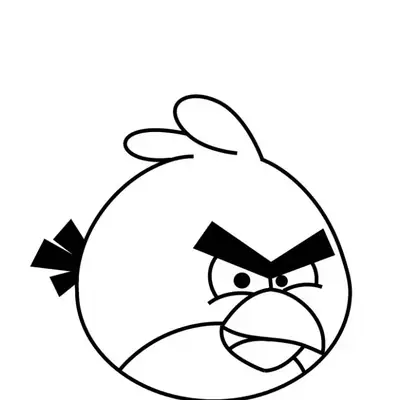 Desenho de contorno simples do Red de Angry Birds. O pássaro é redondo, tem sobrancelhas pretas grossas unidas, bico curto e um pequeno topete de duas penas.