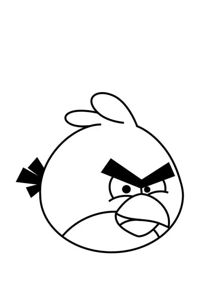Desenho de contorno simples do Red de Angry Birds. O pássaro é redondo, tem sobrancelhas pretas grossas unidas, bico curto e um pequeno topete de duas penas.