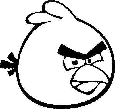 Desenho de contorno em preto e branco do Red, o pássaro vermelho de Angry Birds. O personagem possui formato redondo, sobrancelhas grossas e unidas em V, bico pontiagudo e penas de topete e cauda bem definidas.