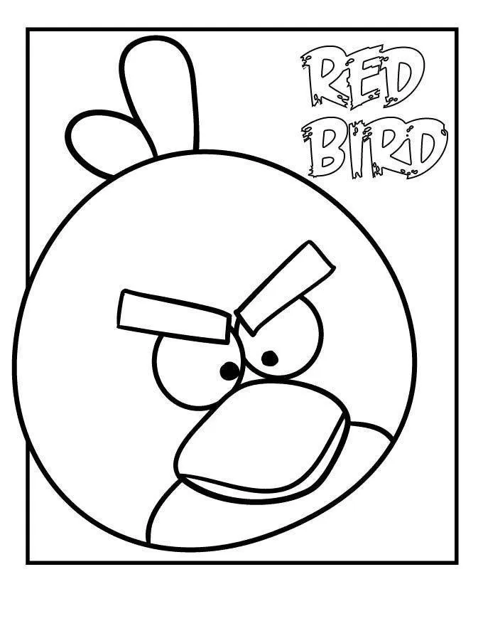 Desenho de contorno em preto e branco do pássaro Red de Angry Birds. Ele tem formato arredondado, sobrancelhas grossas unidas e o texto "RED BIRD" no canto superior.