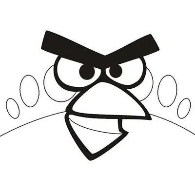 Desenho de contorno em preto e branco focado no rosto do Red, o pássaro vermelho de Angry Birds. Destaque para as sobrancelhas unidas, olhos redondos e bico fechado.