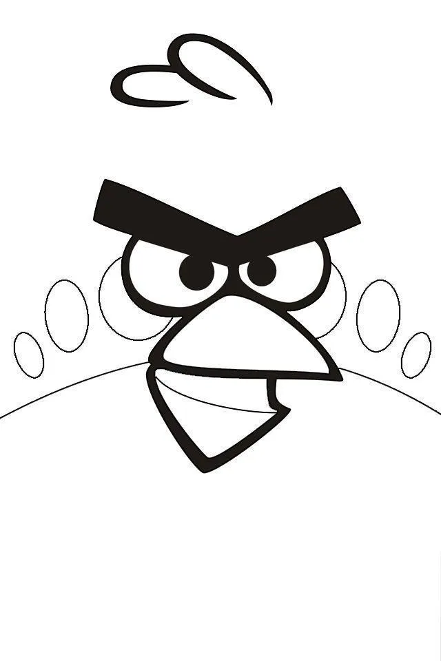 Desenho de contorno em preto e branco focado no rosto do Red, o pássaro vermelho de Angry Birds. Destaque para as sobrancelhas unidas, olhos redondos e bico fechado.
