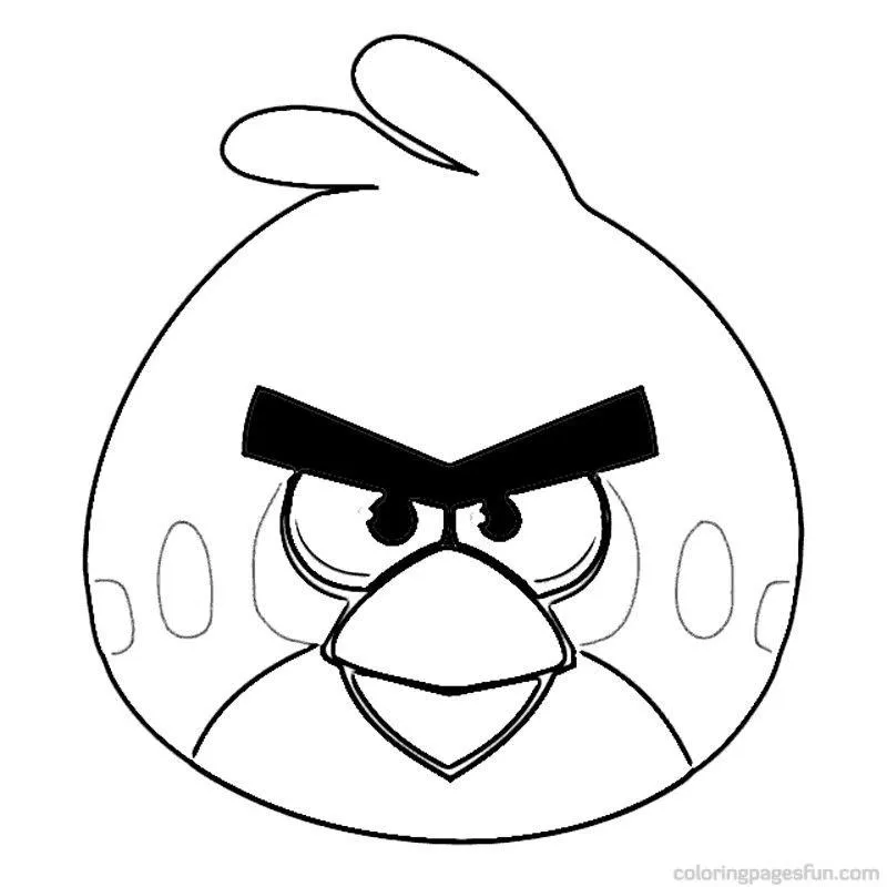 Desenho de contorno em preto e branco do Red, de Angry Birds, em posição frontal. O pássaro possui sobrancelhas pretas grossas e unidas, bico pontiagudo e duas manchas circulares claras nas bochechas.