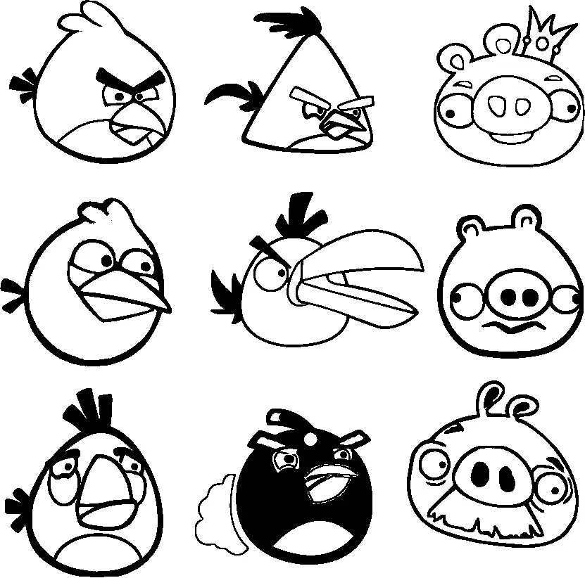 Desenho de contorno em preto e branco com nove rostos de personagens de Angry Birds dispostos em uma grade 3x3. Inclui Red, Chuck, Rei Porco, Bomb, Hal e outros pássaros e porcos.
