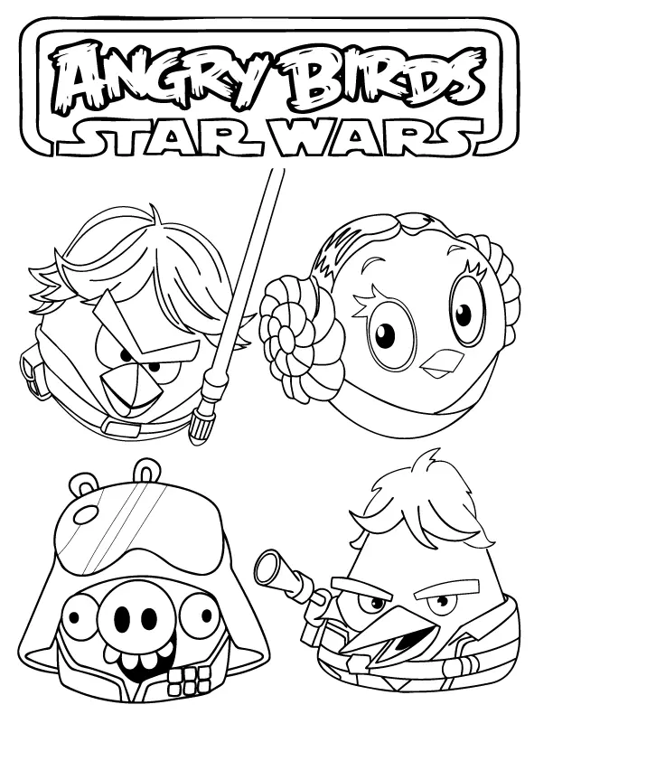 Desenho de contorno em preto e branco com o logotipo "ANGRY BIRDS STAR WARS". Abaixo, quatro personagens: Red como Luke (com sabre de luz), Stella como Princesa Leia, Chuck como Han Solo e um porco como Darth Vader.