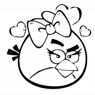 Desenho de contorno em preto e branco da Stella de Angry Birds. Ela usa um laço grande e fofo no topo da cabeça, tem cílios longos e três pequenos corações flutuam ao seu redor.
