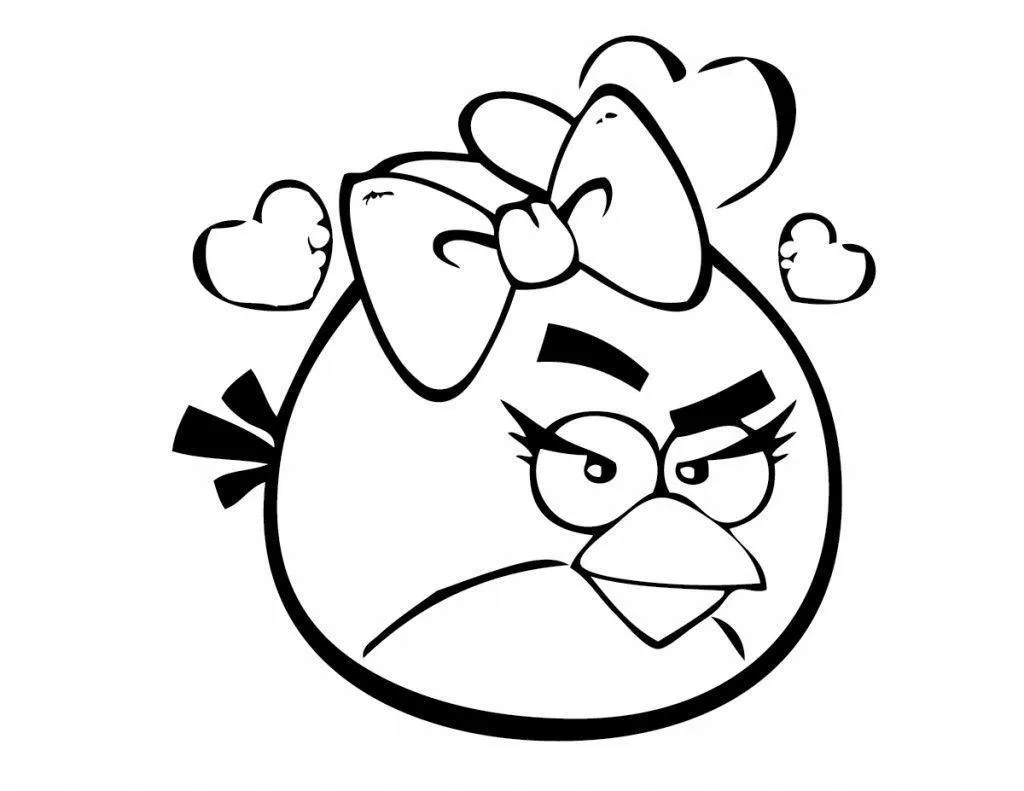 Desenho de contorno em preto e branco da Stella de Angry Birds. Ela usa um laço grande e fofo no topo da cabeça, tem cílios longos e três pequenos corações flutuam ao seu redor.