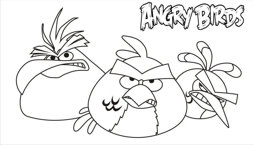 Desenho de contorno em preto e branco de três personagens Angry Birds alinhados: Bomb (esquerda), Red (centro) e Chuck (direita). O logotipo "ANGRY BIRDS" aparece no canto superior.