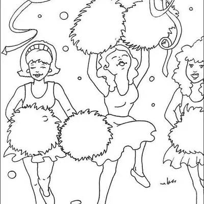 Desenho de contorno de três garotas animadoras de torcida dançando com pompons grandes, usando saias rodadas e cercadas por confetes.