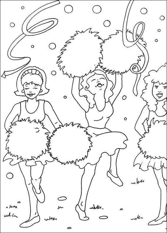 Desenho de contorno de três garotas animadoras de torcida dançando com pompons grandes, usando saias rodadas e cercadas por confetes.