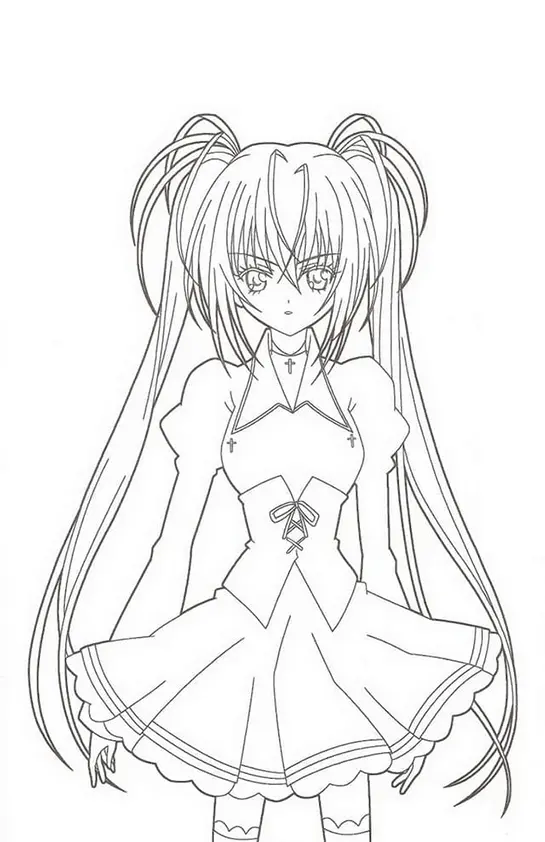 Desenho de contorno em preto e branco de uma menina de anime. Ela possui olhos grandes, cabelos em duas marias-chiquinhas muito longas e veste um vestido com corselete e babados.