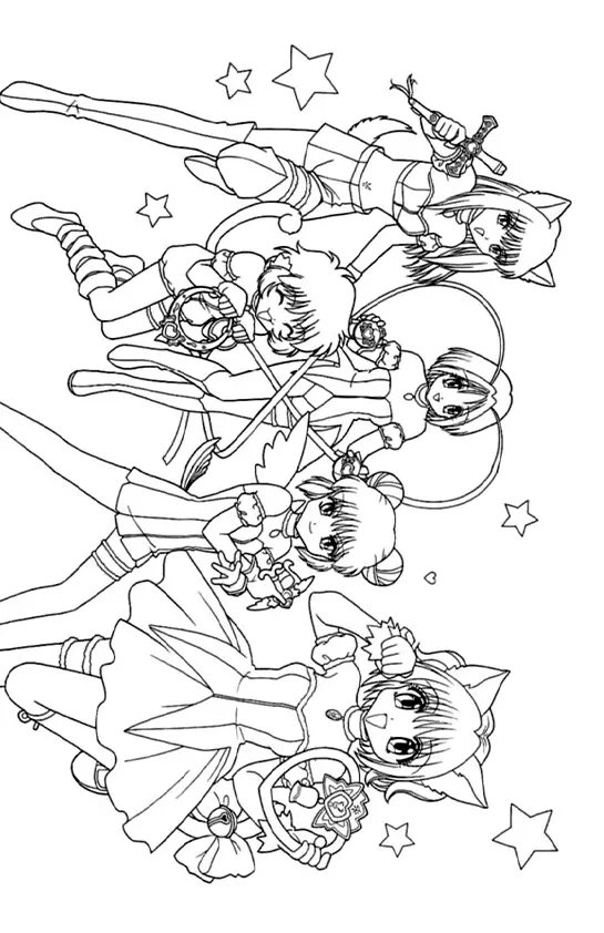 Desenho de contorno em preto e branco de cinco personagens femininas de anime. Elas usam uniformes de combate, algumas possuem orelhas de gato e asas, cercadas por estrelas.