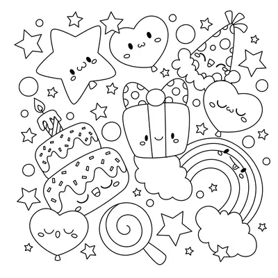 Desenho de contorno estilo doodle kawaii com bolo de camadas, balões de coração, presente com laço, estrela, pirulito, chapéu de festa e arco-íris, todos com rostos sorridentes.
