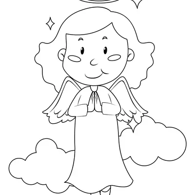 Desenho Simples (Cartoon) de Anjo Adulto Flutuando sobre Nuvens