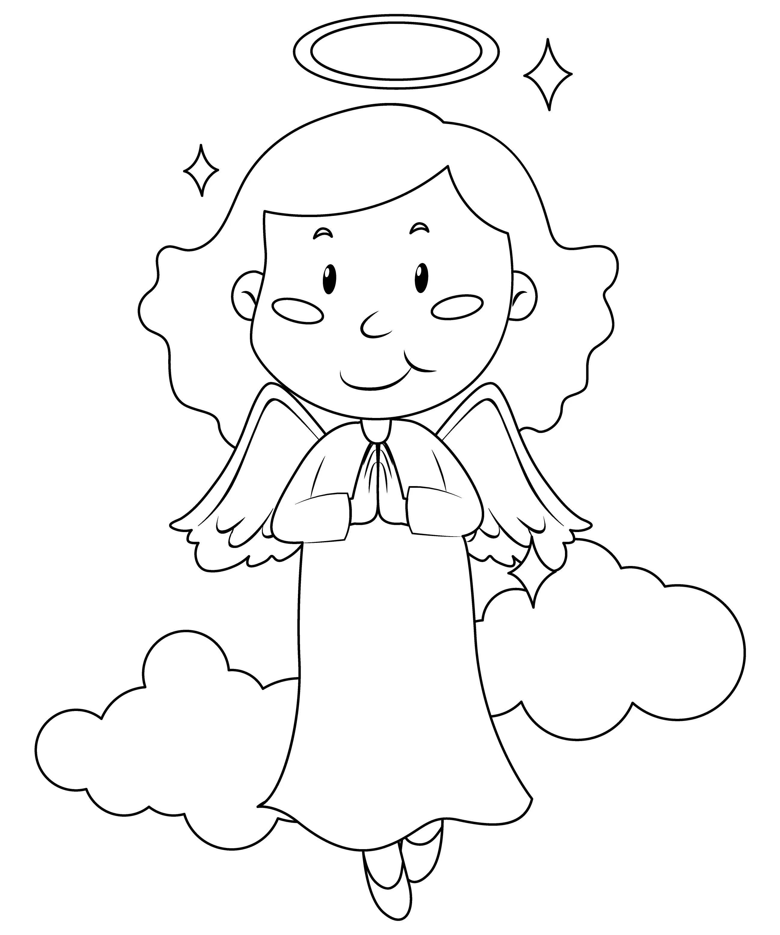 Desenho de contorno em preto e branco, estilo cartoon simples, de um anjo com cabelo curto e ondulado. A figura, que parece ser adulta, tem uma auréola e está em pé sobre nuvens com as mãos unidas em frente ao peito.