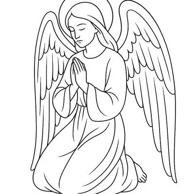 Desenho de contorno em preto e branco de uma figura angelical ajoelhada, com o rosto sereno e os olhos fechados. O anjo tem grandes asas, auréola e as mãos unidas em frente ao peito em oração.