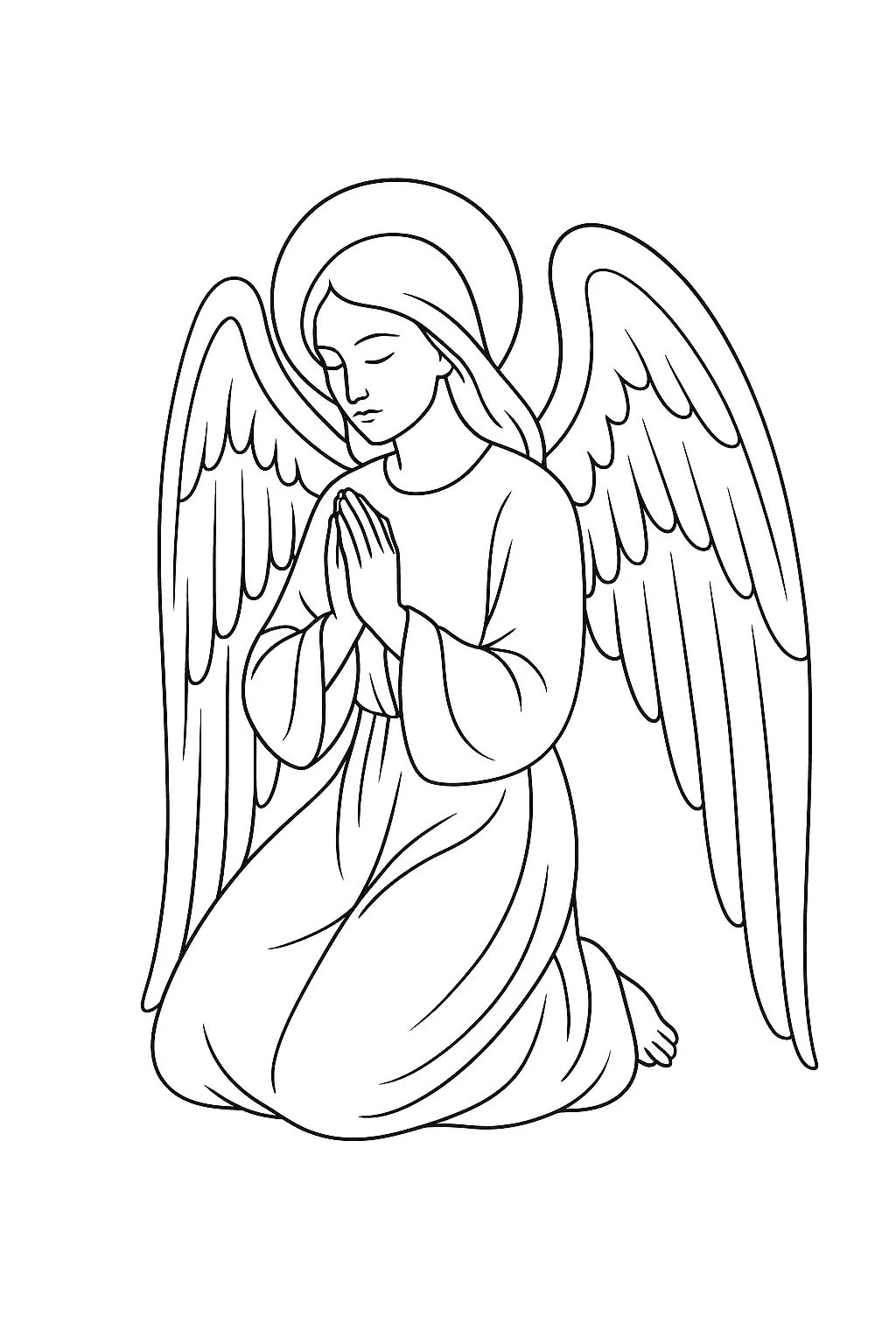 Desenho de contorno em preto e branco de uma figura angelical ajoelhada, com o rosto sereno e os olhos fechados. O anjo tem grandes asas, auréola e as mãos unidas em frente ao peito em oração.