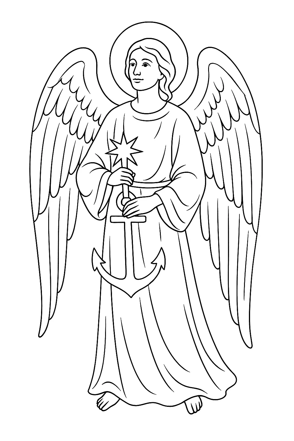 Desenho de contorno em preto e branco de um anjo em pé, vestindo uma longa túnica. O anjo tem grandes asas e segura um grande símbolo de âncora, cuja haste é finalizada por uma estrela de cinco pontas.